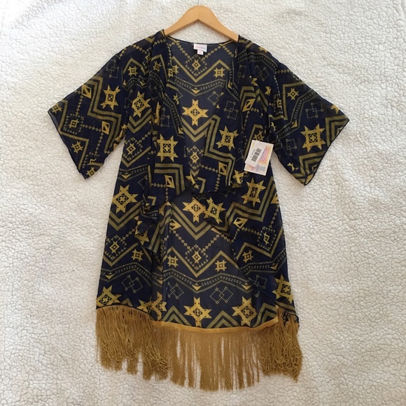 LuLaRoe Sweaters - NWT Lularoe blue yellow sheer Monroe fringe kimono